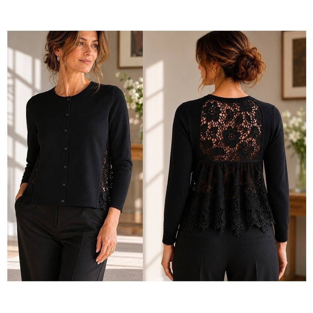 Dorothee Schumacher Black Knit Cardigan Lace Panel Top, Guipure Lace, Size 2